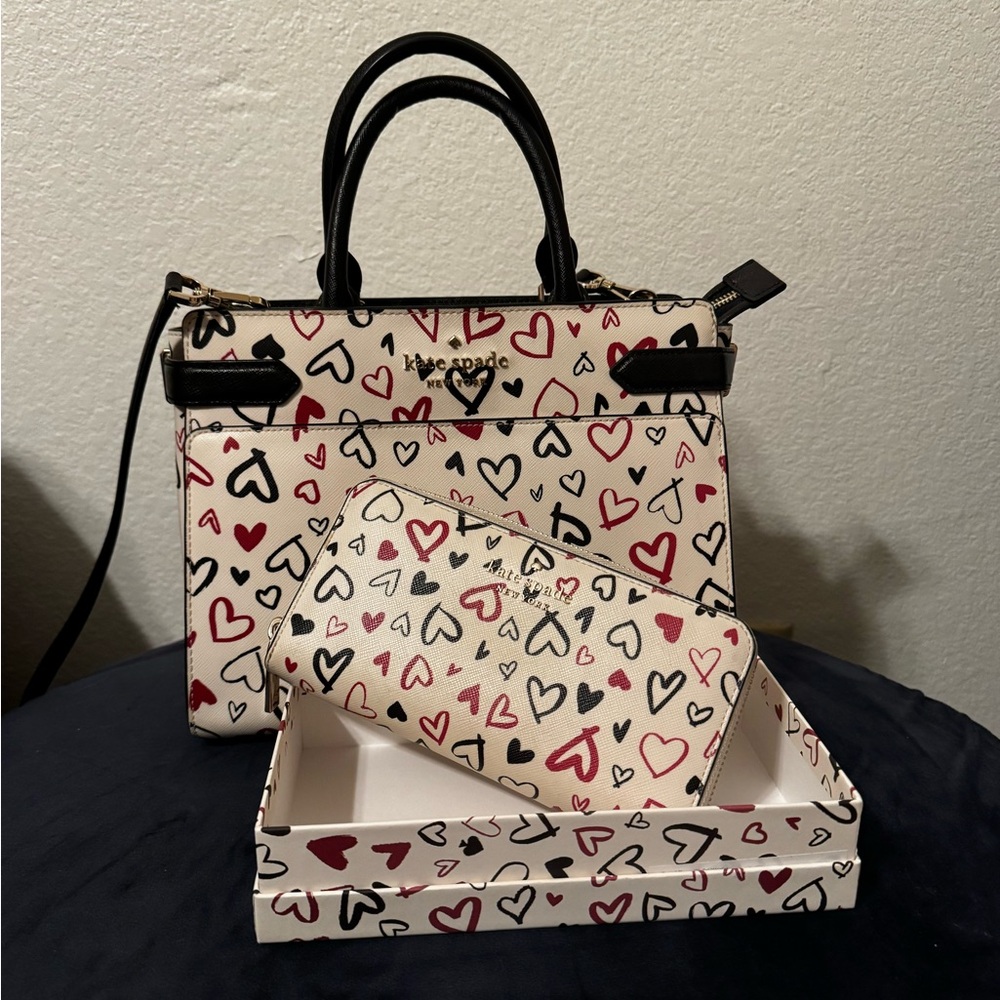 Kate Spade Heart Print Satchel in Cream and Black